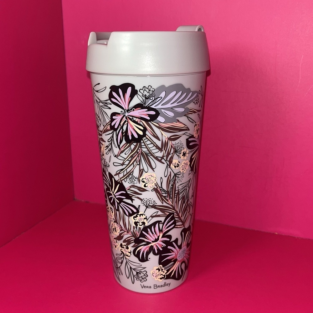 Vera Bradley SUN WASHED TROPICAL Plastic Travel Mug 16oz Coffee Cup Grey‎ Purple